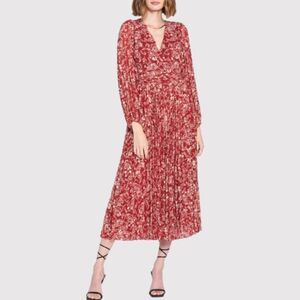 En Saison Womens Dress Red Maxi V Neck Floral Puff Sleeve Pleated Fairycore XS